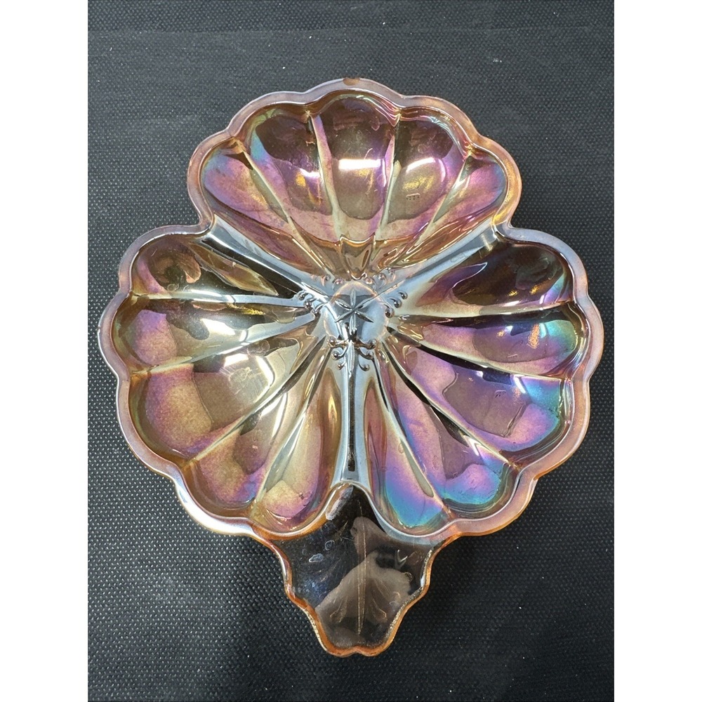 Vintage Clover Divided Nut Plate Carnival Glass Jeannette 6" Amber Iridescent